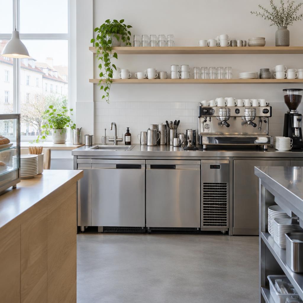 Café med professionel køleopbevaring i rustfrit stål