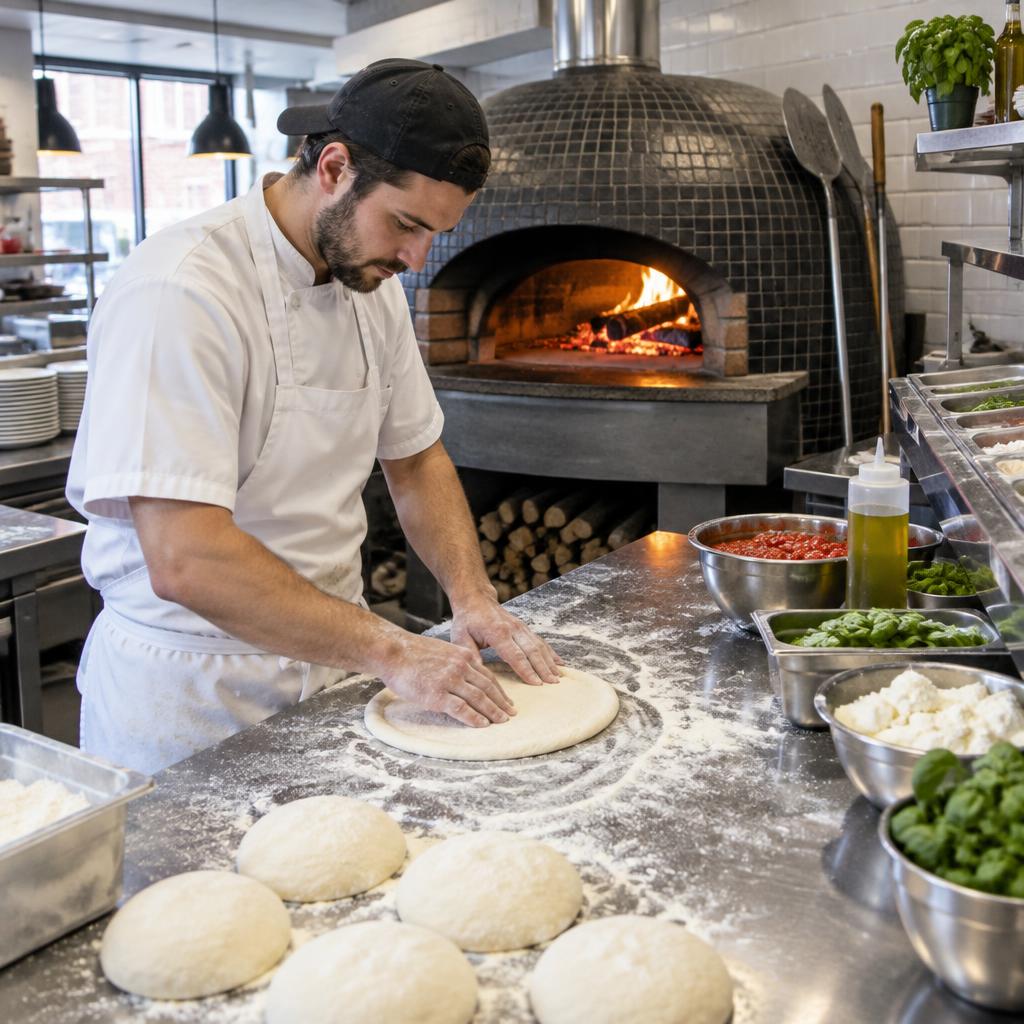 Pizzeria med professionel køleopbevaring i rustfrit stål